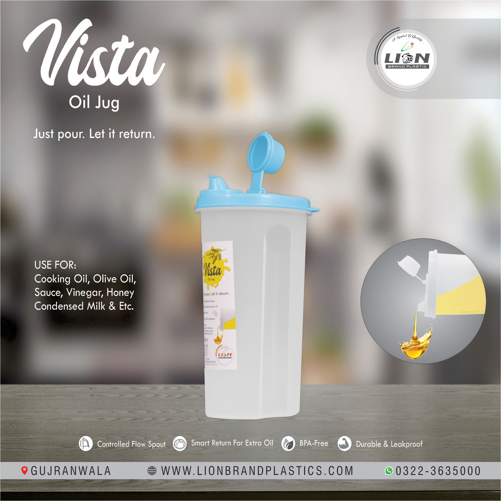 Vista Oil Jug 600 ml Plastic Cooking Oil and Vinegar Dispenser