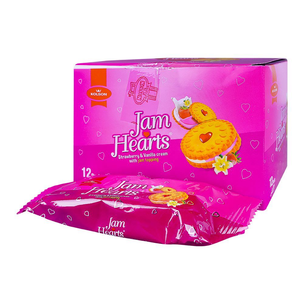 Kolson Jam Hearts Biscuit Strawberry & Vanilla Cream with Jam Topping 12 Packs Box